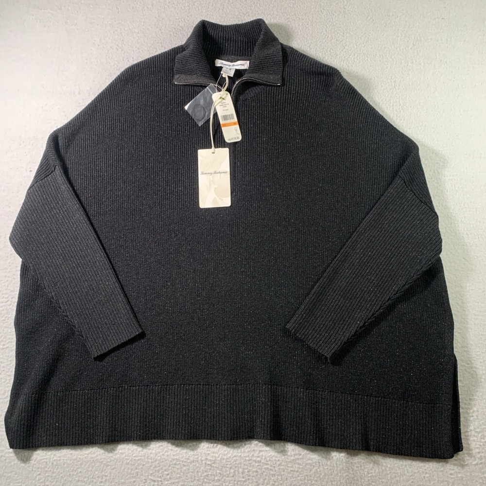NWT TOMMY BAHAMA S/M WOMAN SHIMMER BONITA PULLOVER BLACK 1/4 ZIP PONCHO $118